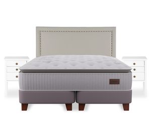 Cama europea Heritage king base dividida + respaldo Tachas + velador Roma