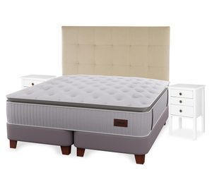 Cama europea Heritage king base dividida + respaldo Design crudo + velador Roma