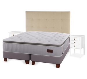 Cama europea Heritage 2 plazas base dividida + respaldo Design crudo + velador Roma