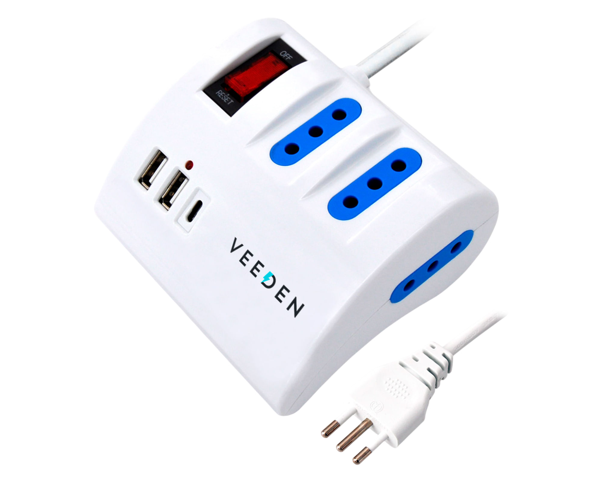 Alargador múltiple 3 posiciones 1 USB-C + 2 USB-A 2 m 10A 250V blanco