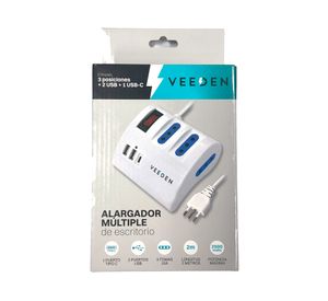 Alargador múltiple 3 posiciones 1 USB-C + 2 USB-A 2 m 10A 250V blanco