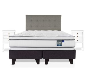Cama Europea Majesty 2 plazas base dividida respaldo Design gris + 2 veladores Roma