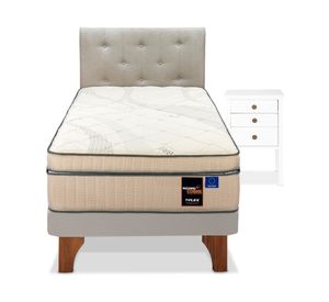 Cama europea 1.5 plazas arena Máximo cobre + respaldo almendra + velador Roma