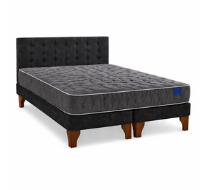 Cama Europea Somnia 2 Plazas + Respaldo Lino Capitone + Patas Plastico Color Caoba