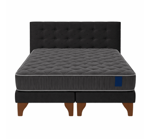 Cama Europea Somnia 2 Plazas + Respaldo Lino Capitone + Patas Plastico Color Caoba