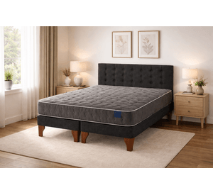 Cama Europea Somnia 2 Plazas + Respaldo Lino Capitone + Patas Plastico Color Caoba