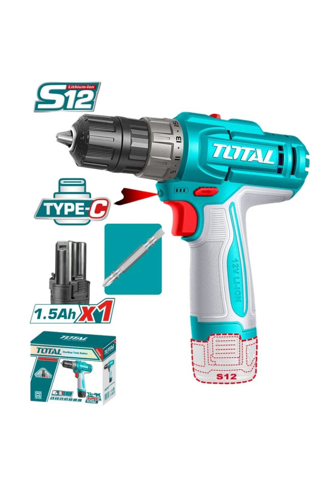 TALADRO ATO TOTAL 12V 10MM+1B 1.5A C-USB C/C TDLI122061 a $29.990