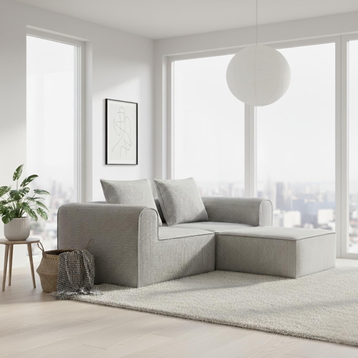 Movelaria Sofa Loop 2 Cuerpos + Pouf | Espuma comprimida | 194X57X167 Gris claro G134