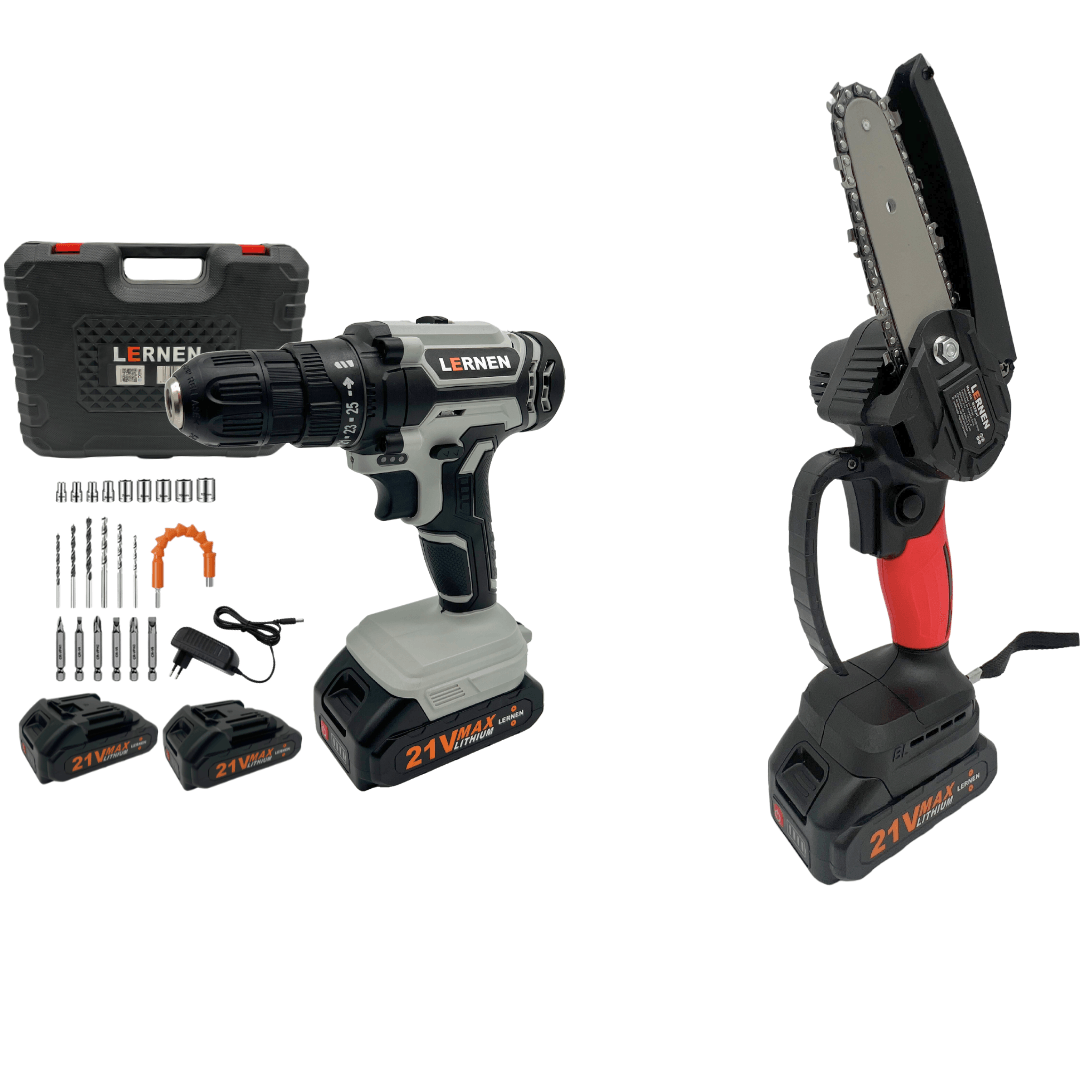 Pack Taladro Inalámbrico LERNEN + Motosierra Podadora LERNEN + 4 Baterías a $54.990
