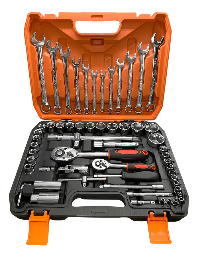Juego Dados Con Llaves Y Chicharra 1/2'' Y 1/4'' 61pc Maleta Color Naranja Negro Plateado
