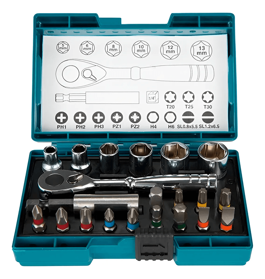 Juego De Dados 1/4 + Puntas Makita 21 Piezas B-54081 Plateado