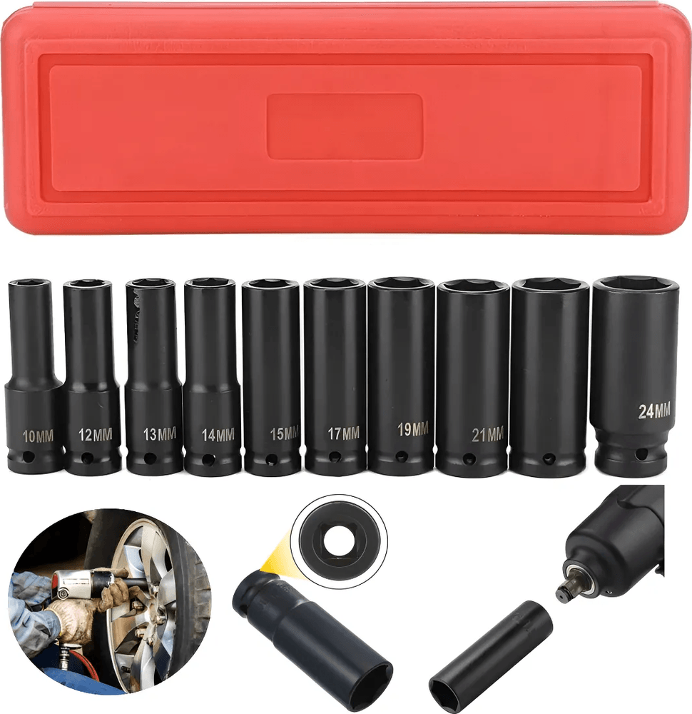 10 Piezas Juego Set Dados De Impacto 1/2, 8 A 24 Mm En Caja