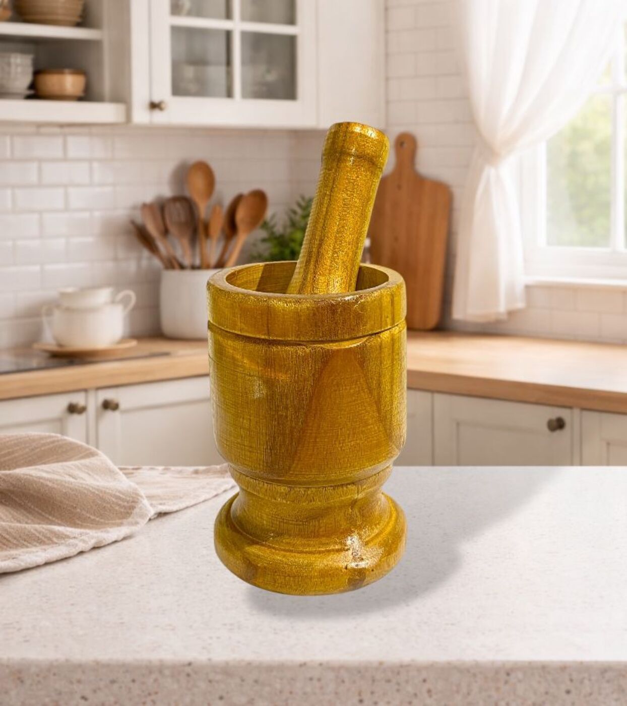 Mortero De Madera Natural Para Hierbas Y Ajos De La Cocina