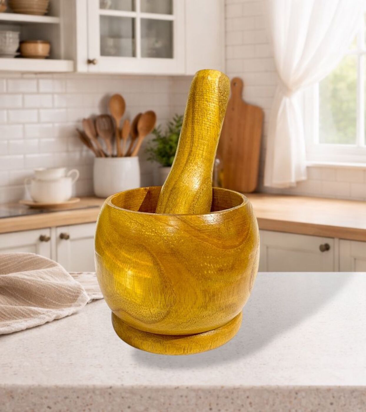 Mortero De Madera Natural Para Hierbas Y Ajos De La Cocina