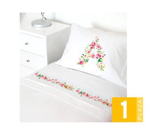 Juego de sábanas 1 plaza 200H Letras vintage A blanco