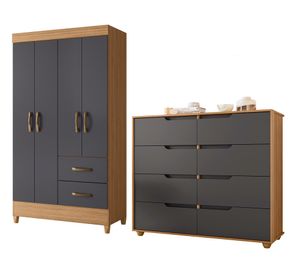 Combo clóset 4 puertas + cómoda 8 cajones Mobi gris/café