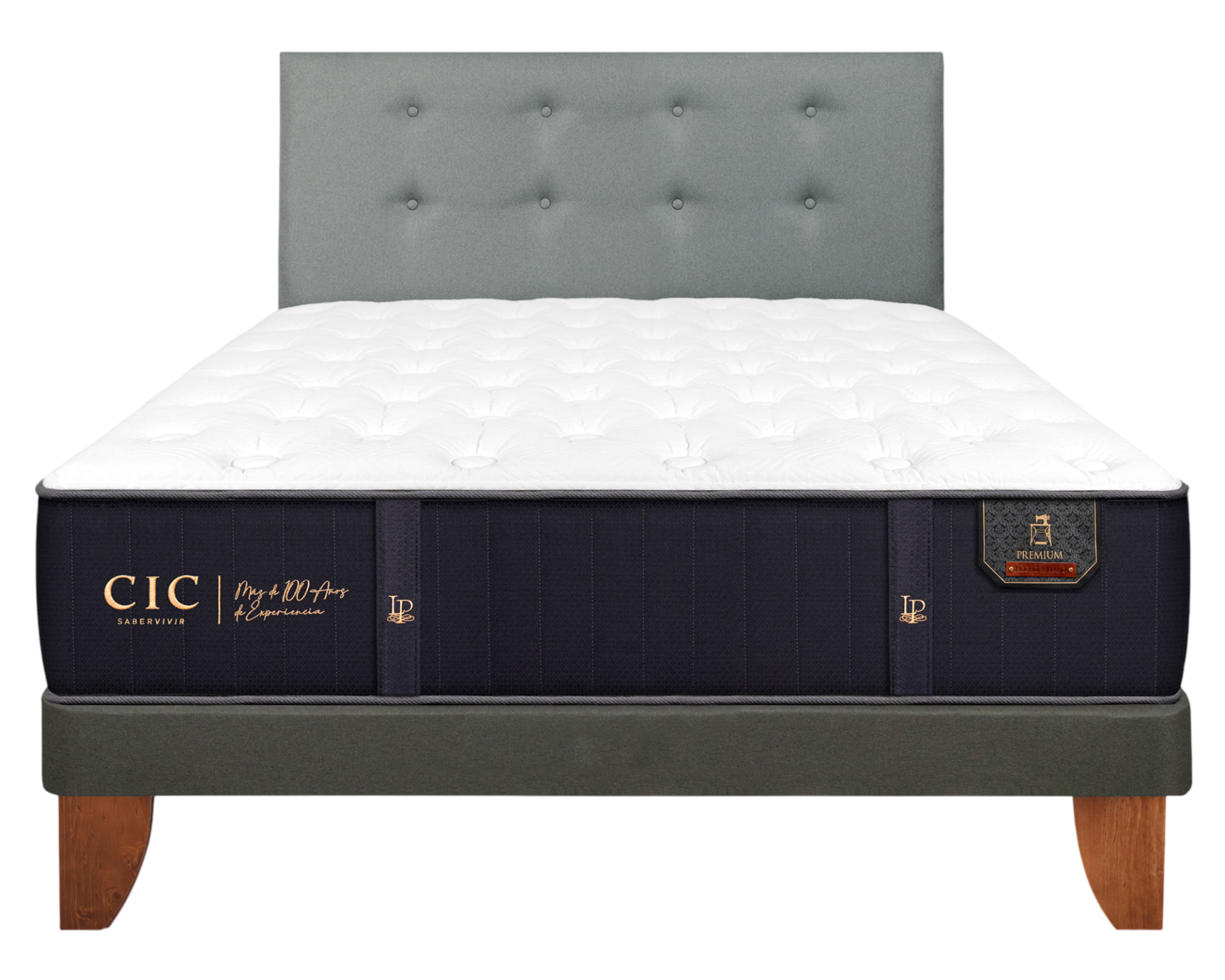 CIC Cama europea Premium full + respaldo gris Tapizado