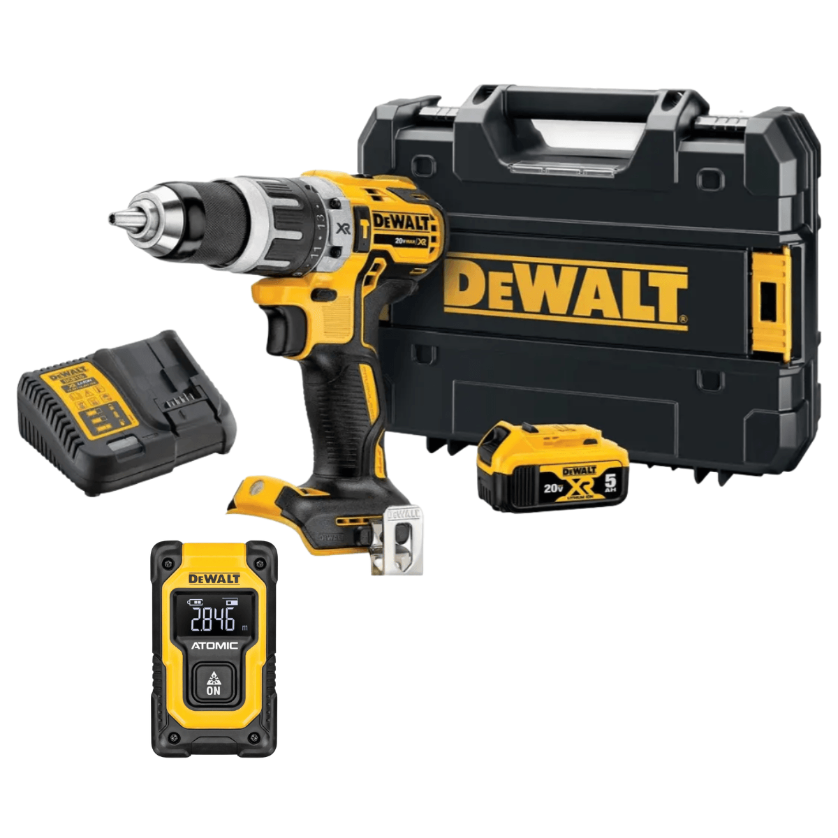 Kit DeWALT Taladro 20VBat.5Ah/Car +MedidorLáser DW055PL 16m a $209.980