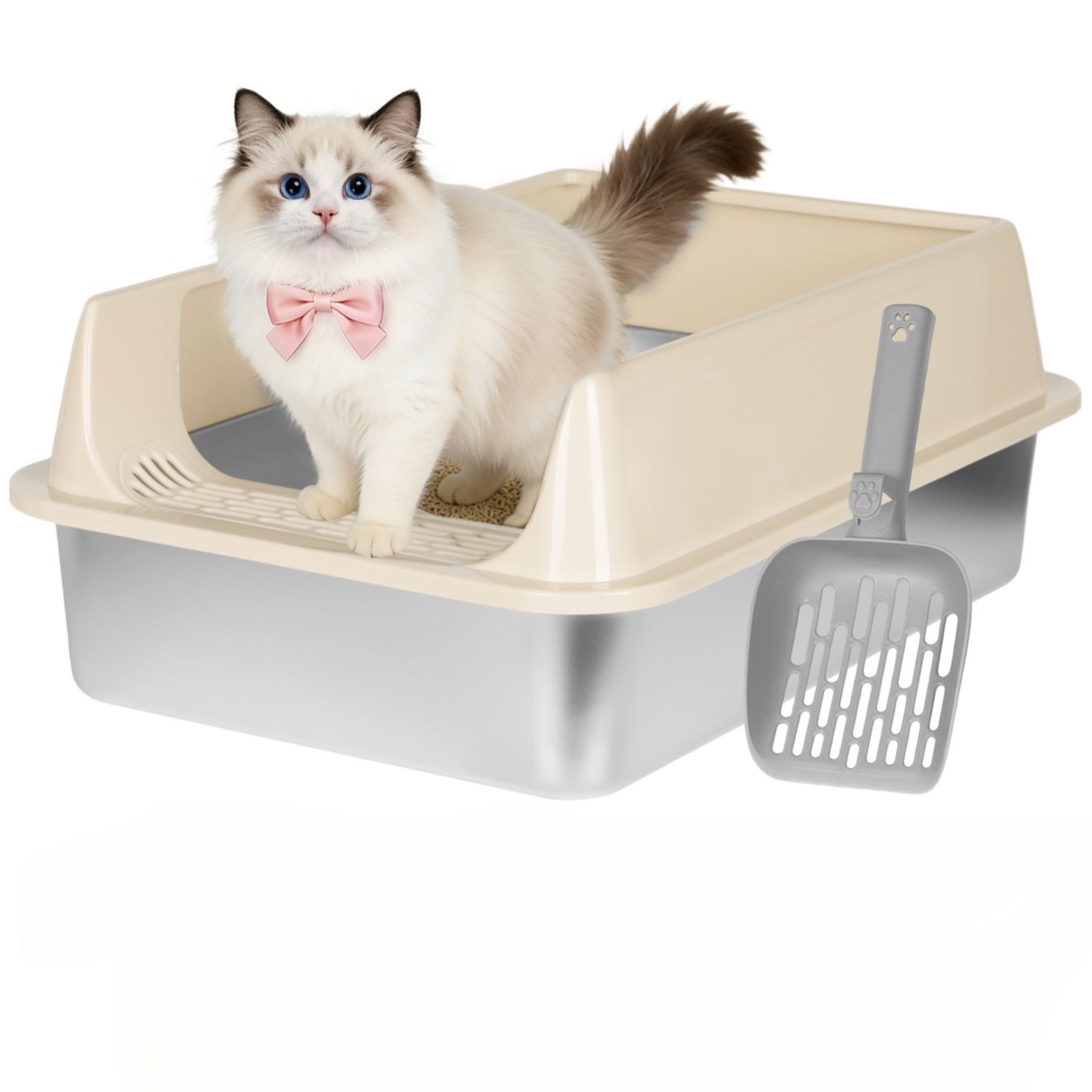 Arenero Gatos Grande Michis Bano Sanitario Acero Inox Con Pala Color Cafe