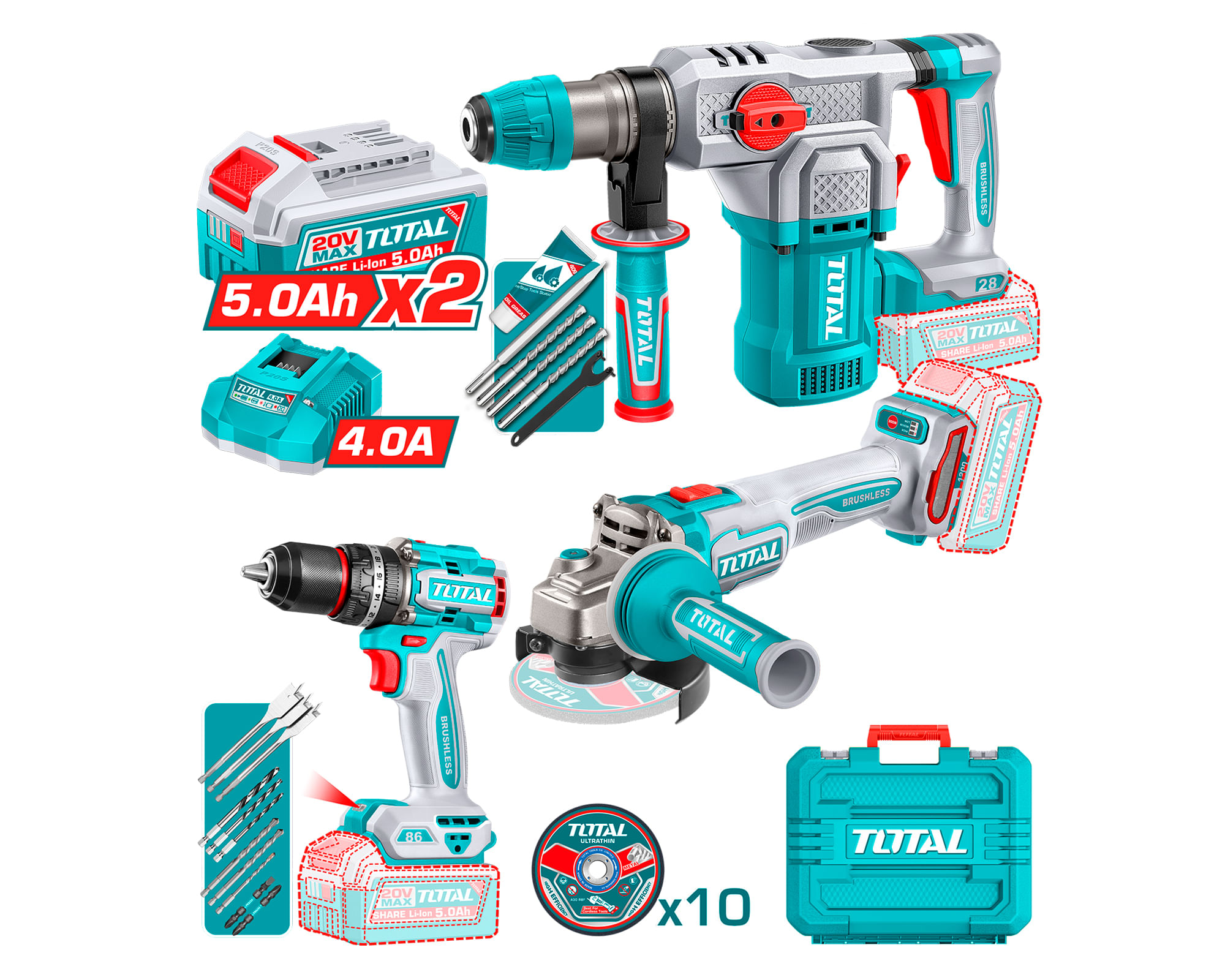 KIT TALADRO+ROTOMART+ESMERIL 20V a $189.990